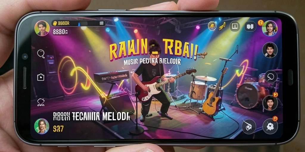 Screenshot gameplay <strong>888IDR</strong> menampilkan pengguna sedang memainkan alat musik virtual.