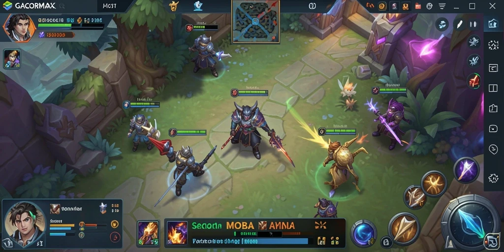 Screenshot gameplay GACORMAX menunjukkan pertempuran seru di arena MOBA.