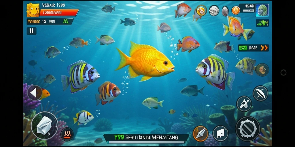 Screenshot gameplay Y89 menampilkan keseruan menangkap ikan berwarna-warni.